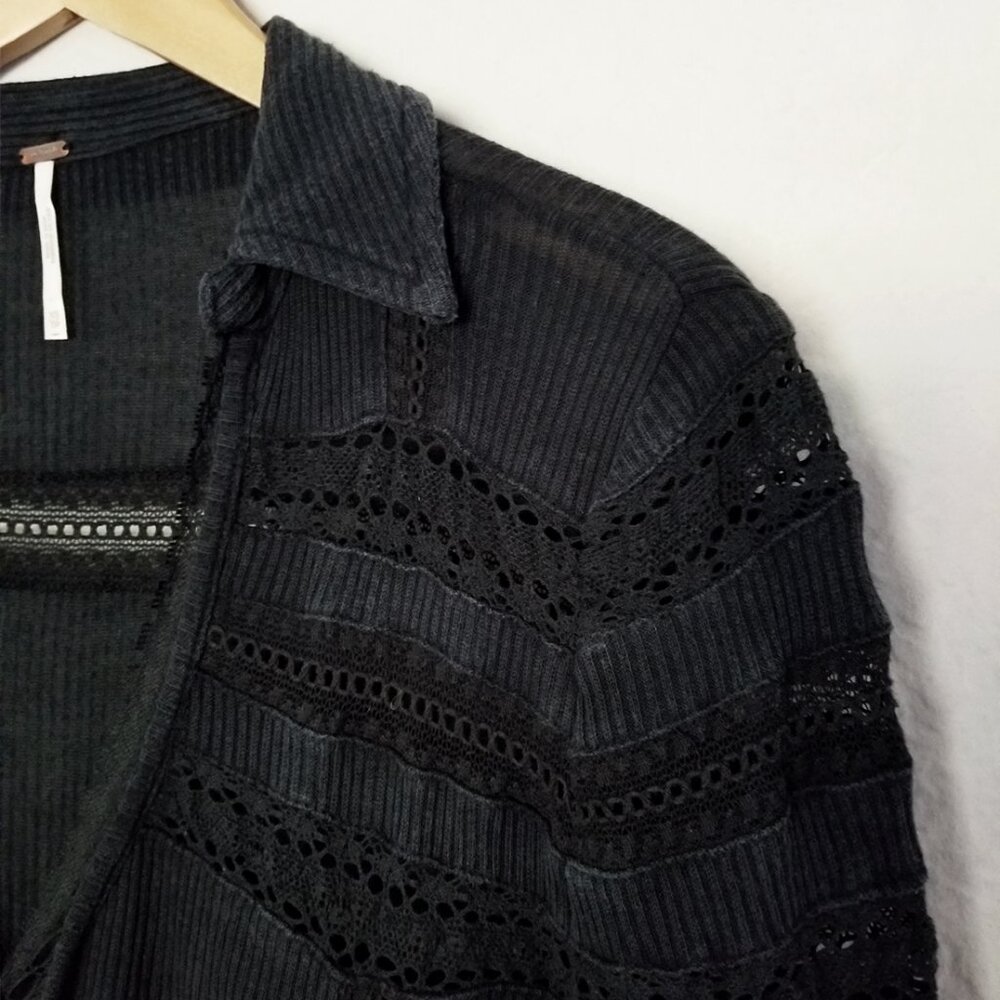 Free People Set To Stun Lace-Inset Low V Neck Collar Tunic Top Black XS $108 - Picture 15 of 16